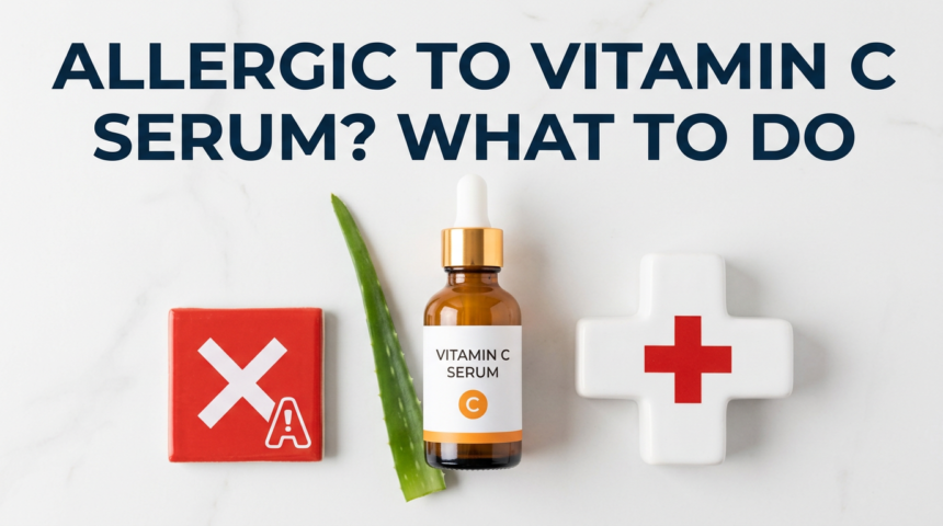 Vitamin C serum with allergy warning and first-aid cross props beside aloe leaf on white surface