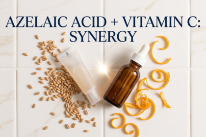 Azelaic acid tube and vitamin C serum converging on white tile surface with wheat and citrus props