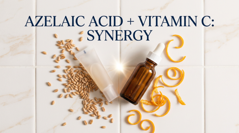 Azelaic acid tube and vitamin C serum converging on white tile surface with wheat and citrus props