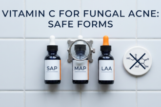 Three vitamin C derivative serum bottles with magnifier and safety indicator on white tile