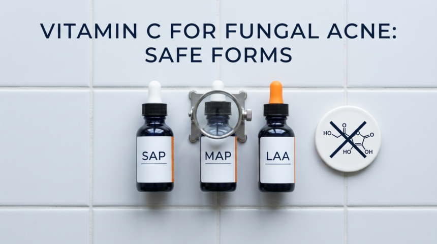 Three vitamin C derivative serum bottles with magnifier and safety indicator on white tile
