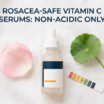 Non-acidic vitamin C serum with rose petal, centella leaf and pH strip on white linen surface