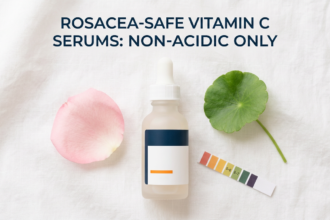 Non-acidic vitamin C serum with rose petal, centella leaf and pH strip on white linen surface