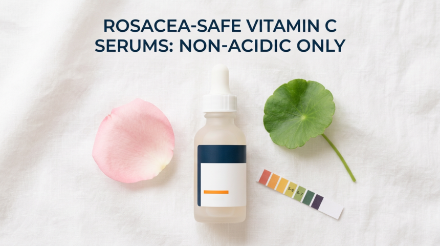 Non-acidic vitamin C serum with rose petal, centella leaf and pH strip on white linen surface