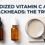 Fresh and oxidised vitamin C vials with magnifying glass over pore texture tile on white ceramic