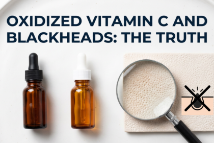 Fresh and oxidised vitamin C vials with magnifying glass over pore texture tile on white ceramic