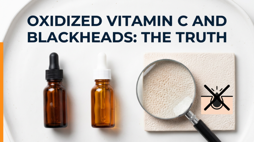 Fresh and oxidised vitamin C vials with magnifying glass over pore texture tile on white ceramic