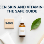 Vitamin C serum with teen skincare props including low percentage tile and sunscreen on white marble
