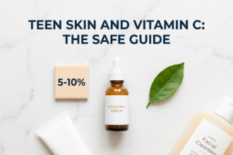 Vitamin C serum with teen skincare props including low percentage tile and sunscreen on white marble