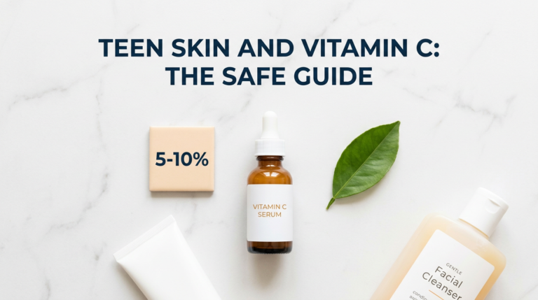 Vitamin C serum with teen skincare props including low percentage tile and sunscreen on white marble