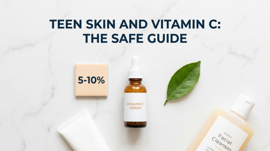 Vitamin C serum with teen skincare props including low percentage tile and sunscreen on white marble