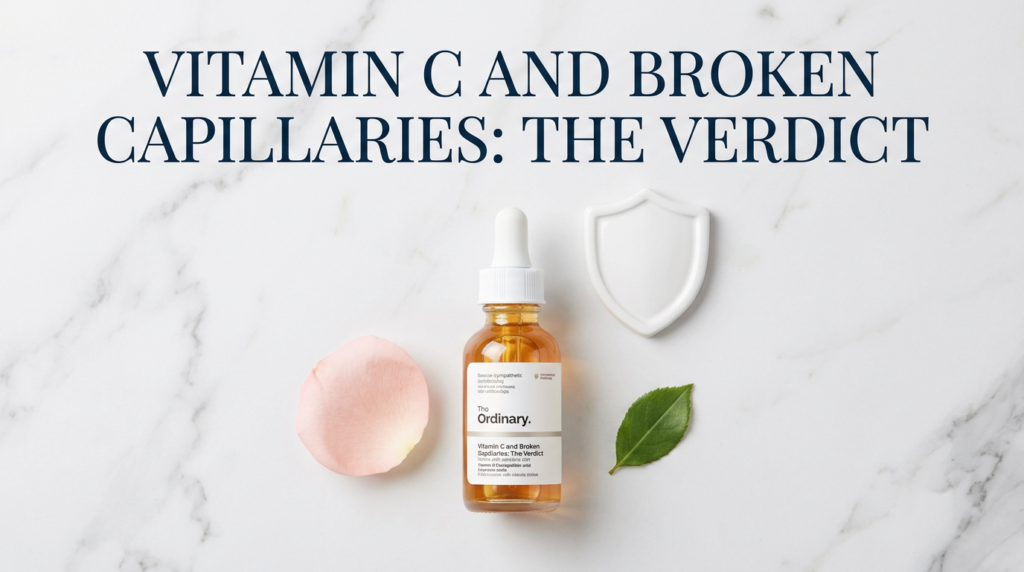 Vitamin C serum with rose petals and shield prop on white marble in delicate pink tones
