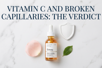 Vitamin C serum with rose petals and shield prop on white marble in delicate pink tones