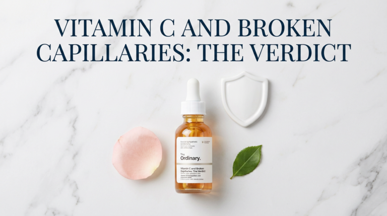Vitamin C serum with rose petals and shield prop on white marble in delicate pink tones
