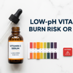 Vitamin C serum with pH strip and warning-safe tile props showing acid risk on white marble