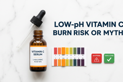 Vitamin C serum with pH strip and warning-safe tile props showing acid risk on white marble