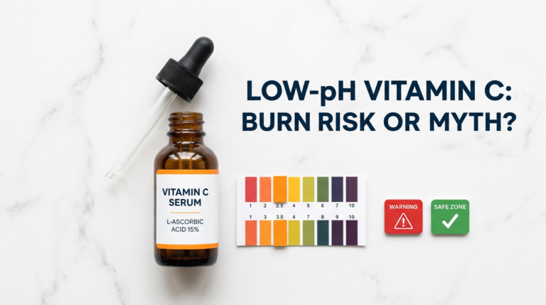 Vitamin C serum with pH strip and warning-safe tile props showing acid risk on white marble