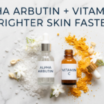 Alpha arbutin and vitamin C serum on white marble with powder crystals and glow lighting