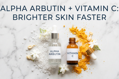 Alpha arbutin and vitamin C serum on white marble with powder crystals and glow lighting