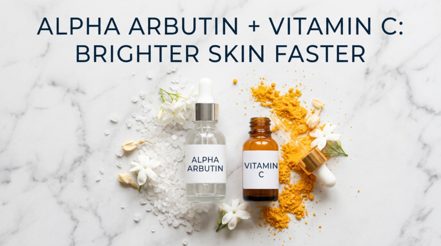 Alpha arbutin and vitamin C serum on white marble with powder crystals and glow lighting