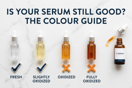 Four glass vials showing vitamin C oxidation colour spectrum from clear to brown on white marble
