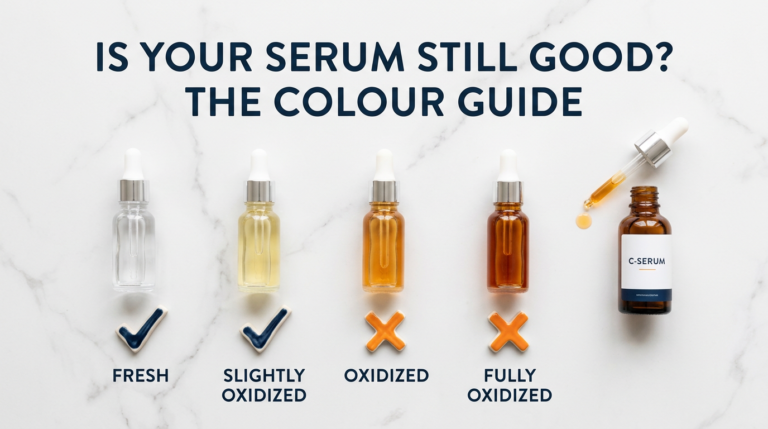 Four glass vials showing vitamin C oxidation colour spectrum from clear to brown on white marble