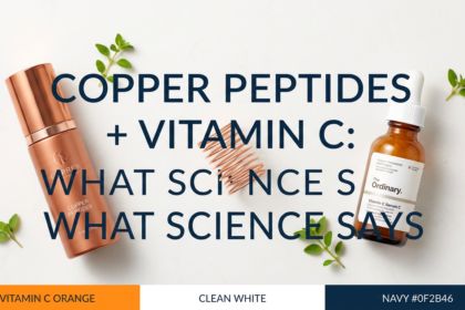 Copper peptide serum and vitamin C dropper with copper wire prop on white stone
