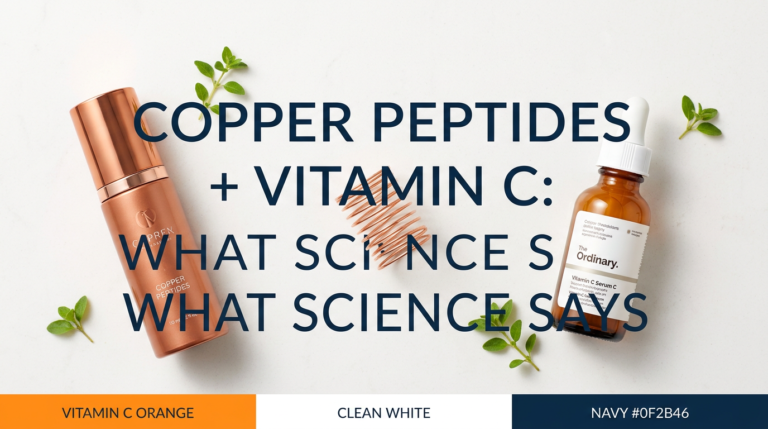 Copper peptide serum and vitamin C dropper with copper wire prop on white stone