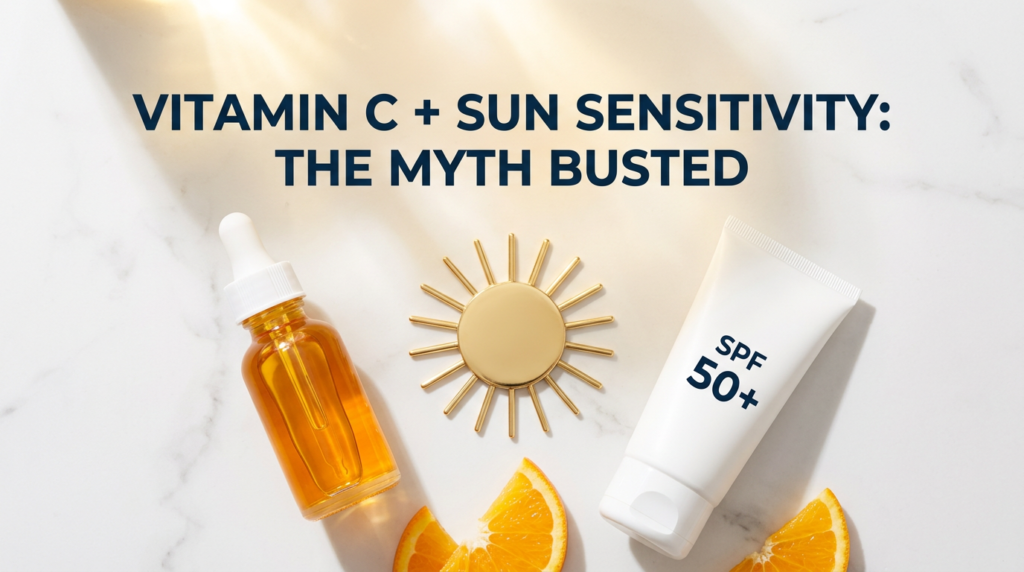 Vitamin C serum and sunscreen tube with sun disc prop on white marble in warm golden tones