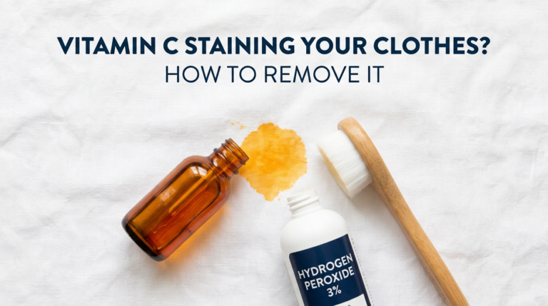 Vitamin C serum bottle tipped near yellow fabric stain with removal products on white linen