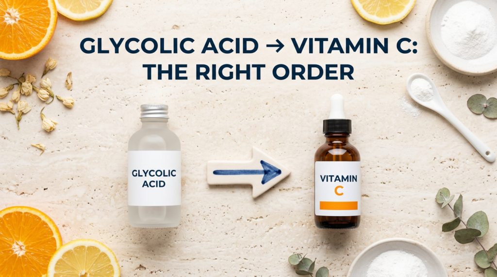 Glycolic acid toner and vitamin C serum arranged in sequence on travertine surface