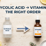 Glycolic acid toner and vitamin C serum arranged in sequence on travertine surface