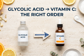 Glycolic acid toner and vitamin C serum arranged in sequence on travertine surface