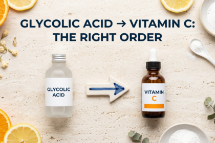 Glycolic acid toner and vitamin C serum arranged in sequence on travertine surface