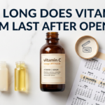 Vitamin C serum with PAO jar prop and calendar on white marble showing shelf life timeline