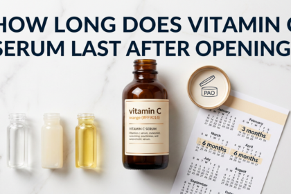 Vitamin C serum with PAO jar prop and calendar on white marble showing shelf life timeline