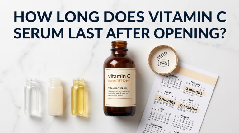 Vitamin C serum with PAO jar prop and calendar on white marble showing shelf life timeline