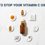 Vitamin C serum surrounded by seven practical storage tip props in circular arrangement on white stone
