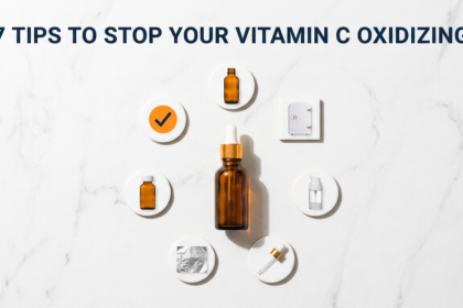 Vitamin C serum surrounded by seven practical storage tip props in circular arrangement on white stone