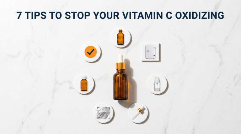 Vitamin C serum surrounded by seven practical storage tip props in circular arrangement on white stone