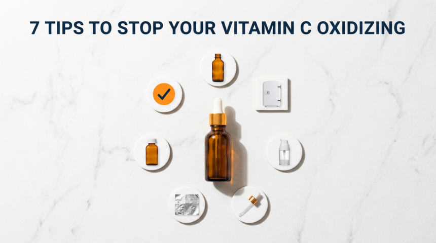Vitamin C serum surrounded by seven practical storage tip props in circular arrangement on white stone