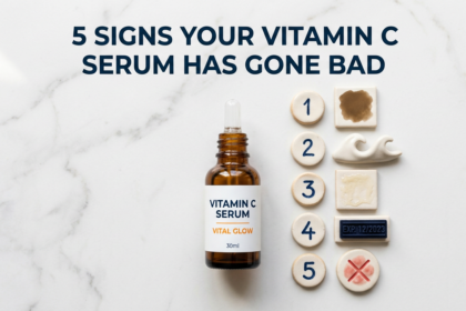 Vitamin C serum with five indicator props showing signs of expiry on white stone surface