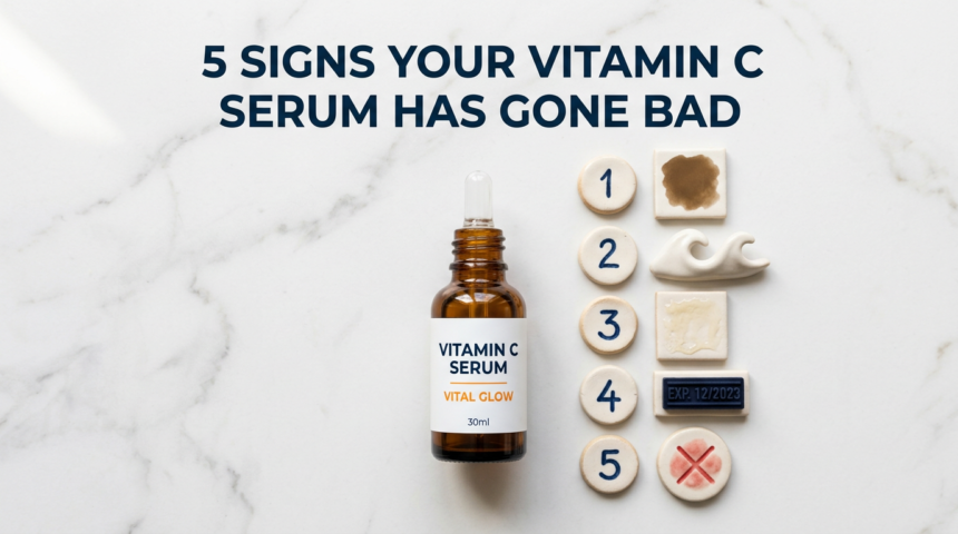 Vitamin C serum with five indicator props showing signs of expiry on white stone surface