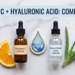 Hyaluronic acid and vitamin C serum bottles side by side on white marble with compatibility motif
