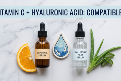 Hyaluronic acid and vitamin C serum bottles side by side on white marble with compatibility motif