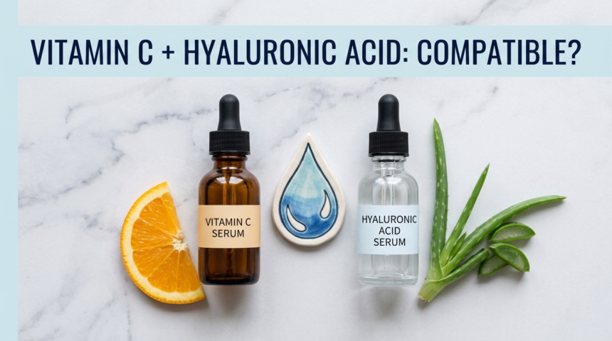 Hyaluronic acid and vitamin C serum bottles side by side on white marble with compatibility motif