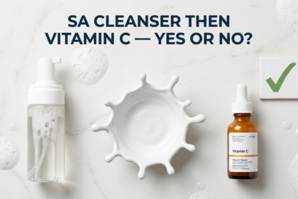 Salicylic acid cleanser and vitamin C serum with tick prop on white stone surface