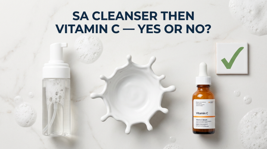 Salicylic acid cleanser and vitamin C serum with tick prop on white stone surface