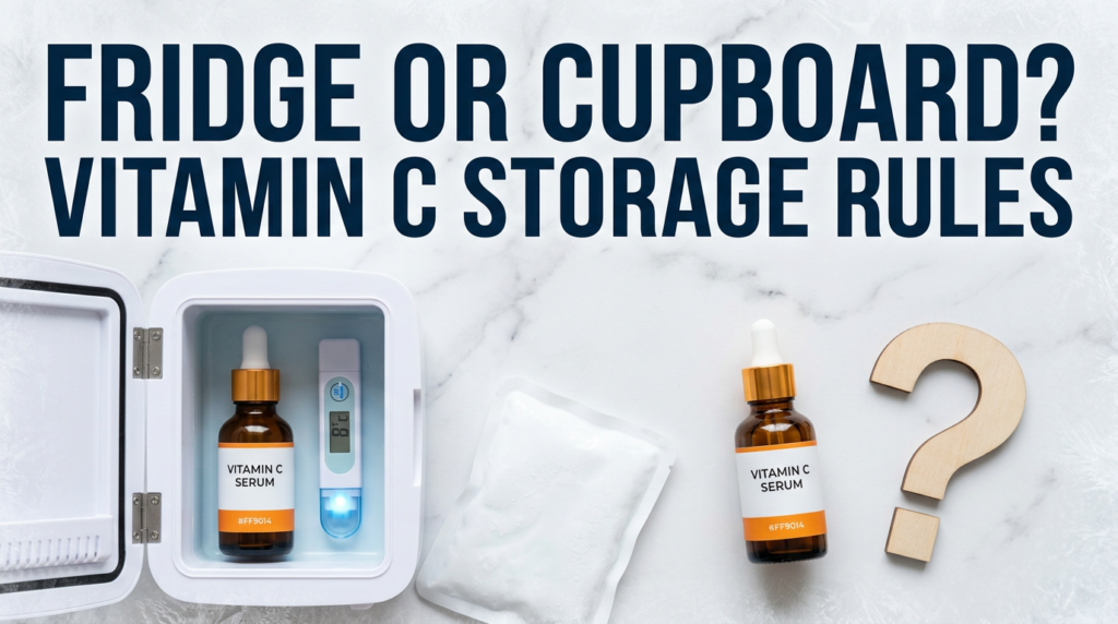 Vitamin C serum beside fridge and thermometer props on cold white marble surface