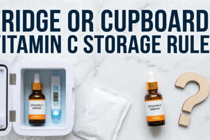 Vitamin C serum beside fridge and thermometer props on cold white marble surface